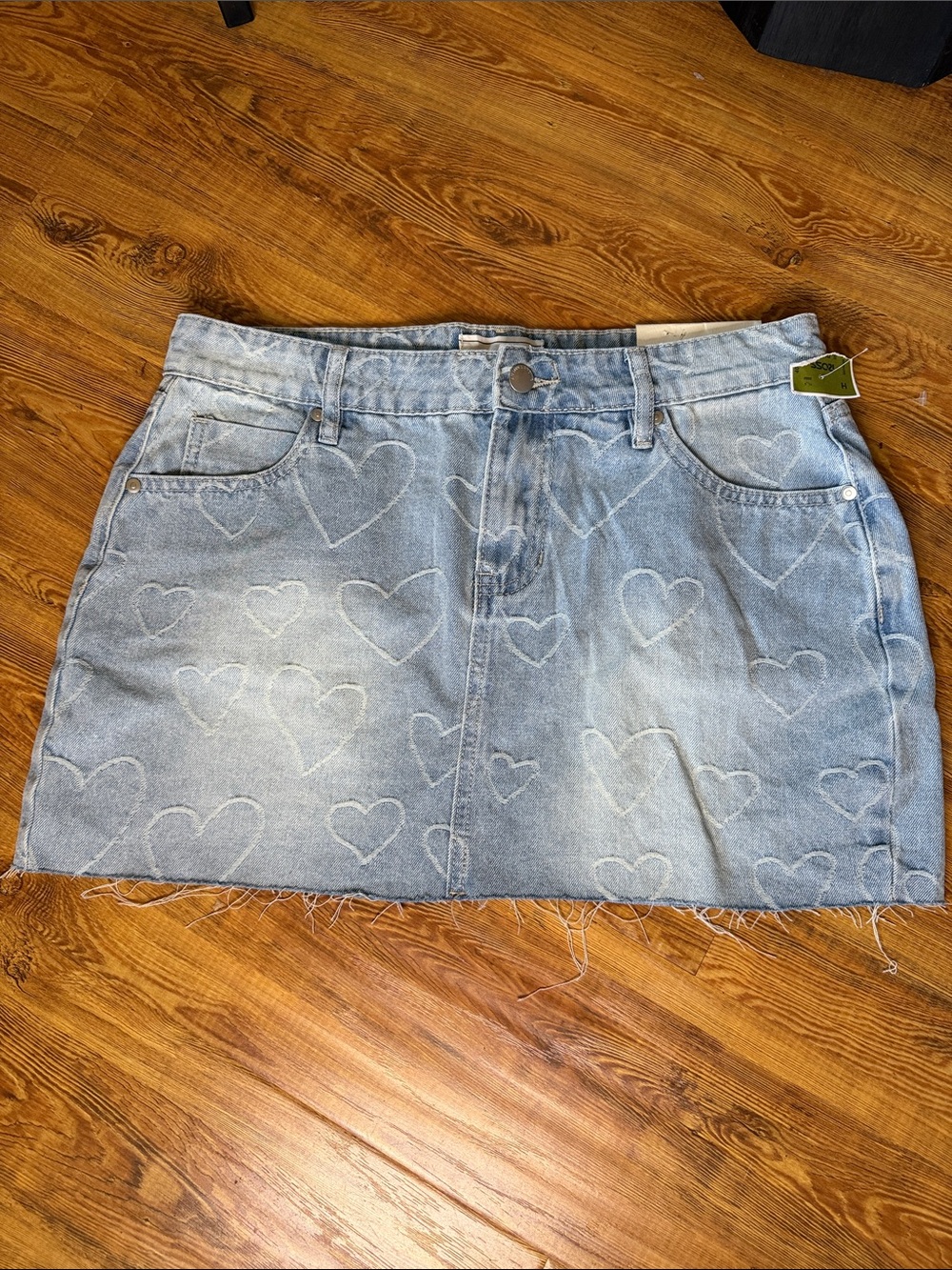 Heart-Pattern Light Blue Denim Mini Skirt